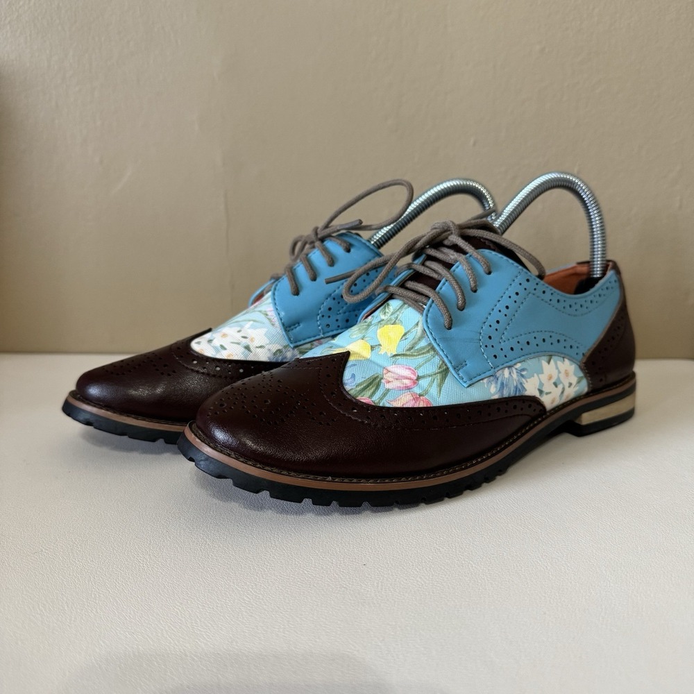 Handmade Oxford‎ Wingtip Blue & Brown Leather Floral Print Shoes Academy Sz 8.5